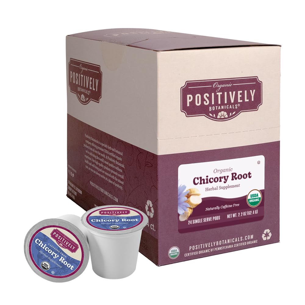 Organic Positively Chicory Root K-Cup Pods in package offer caffeine-free flavor variety.