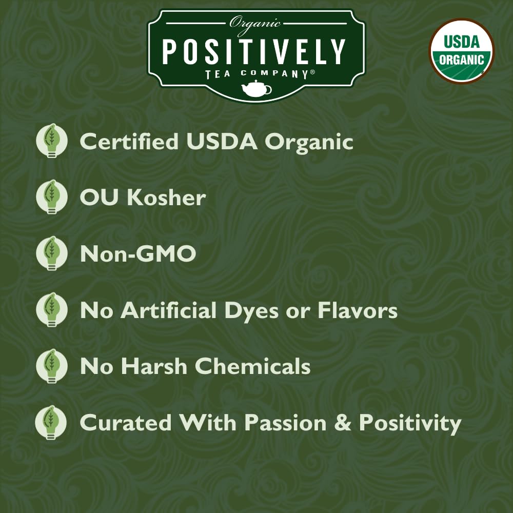 Organic Positively Green Tangerine green tea brew in a glass reveals crisp flavor and refreshing finish.