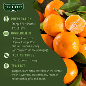 Organic Positively Green Tangerine loose-leaf tea leaves closeup showing vibrant color and texture.