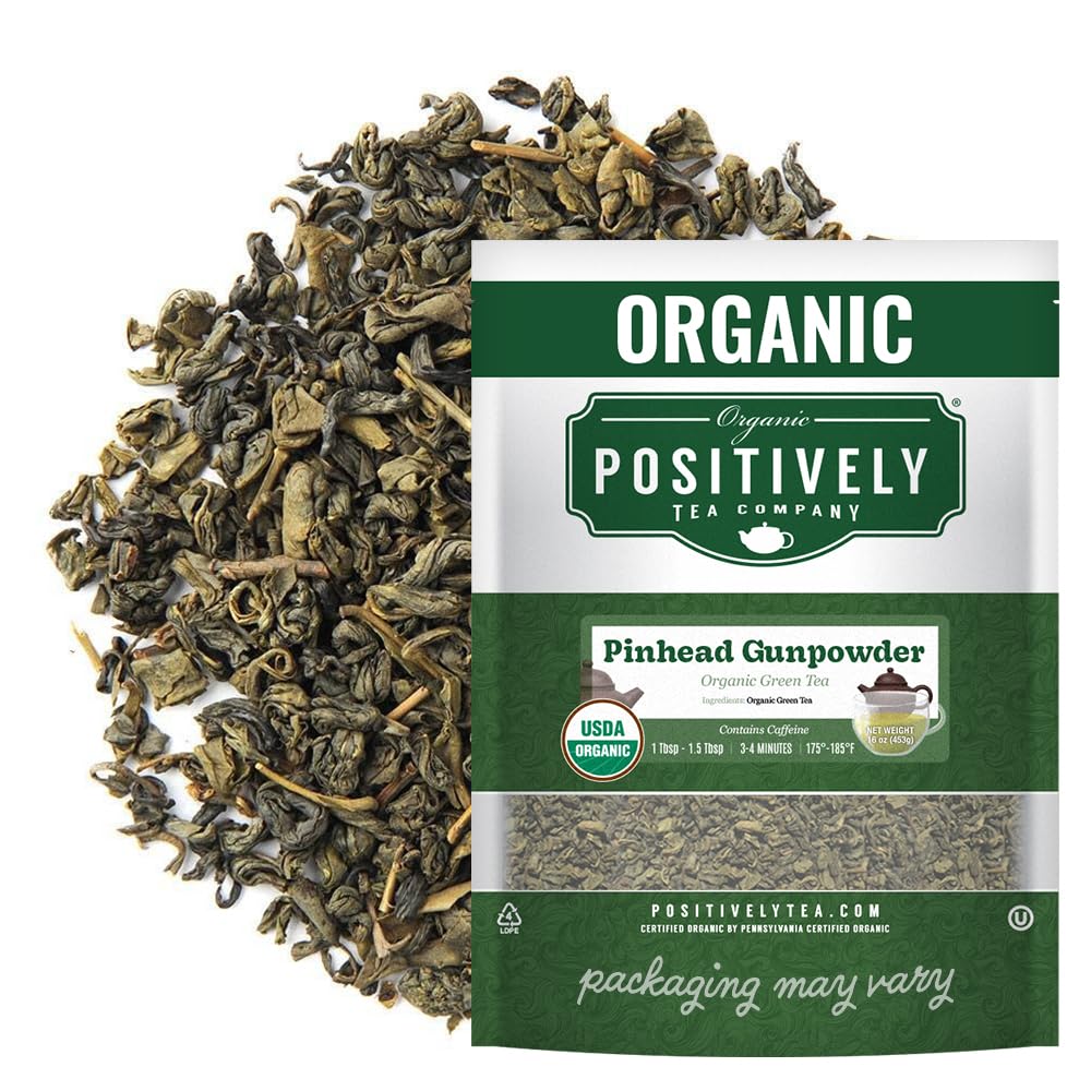 Organic Positively Pinhead Gunpowder tea pearls, hand-rolled and ready to brew for a smooth cup