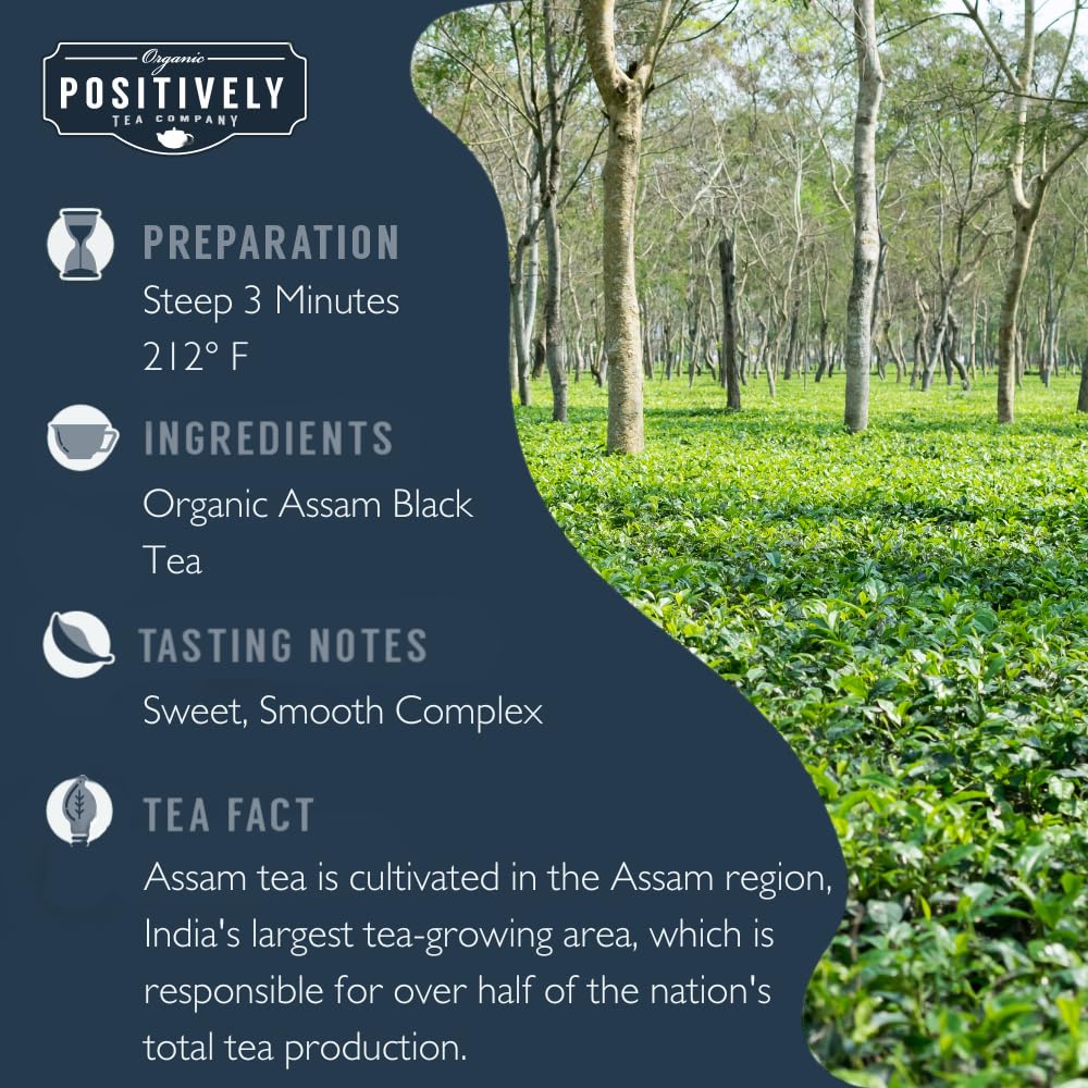 Organic Positively Tea Company Assam TGFOP brewed cup shows dark amber color.