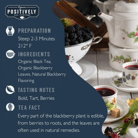 Organic Positively Tea Company blackberry tea with dried leaves and fruit for authentic flavor.