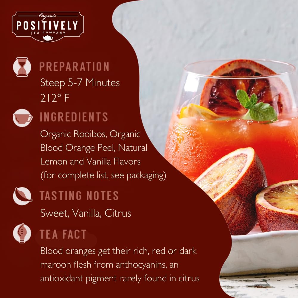 Organic Positively Tea Company Blood Orange Vanilla Rooibos packaging highlights organic certification