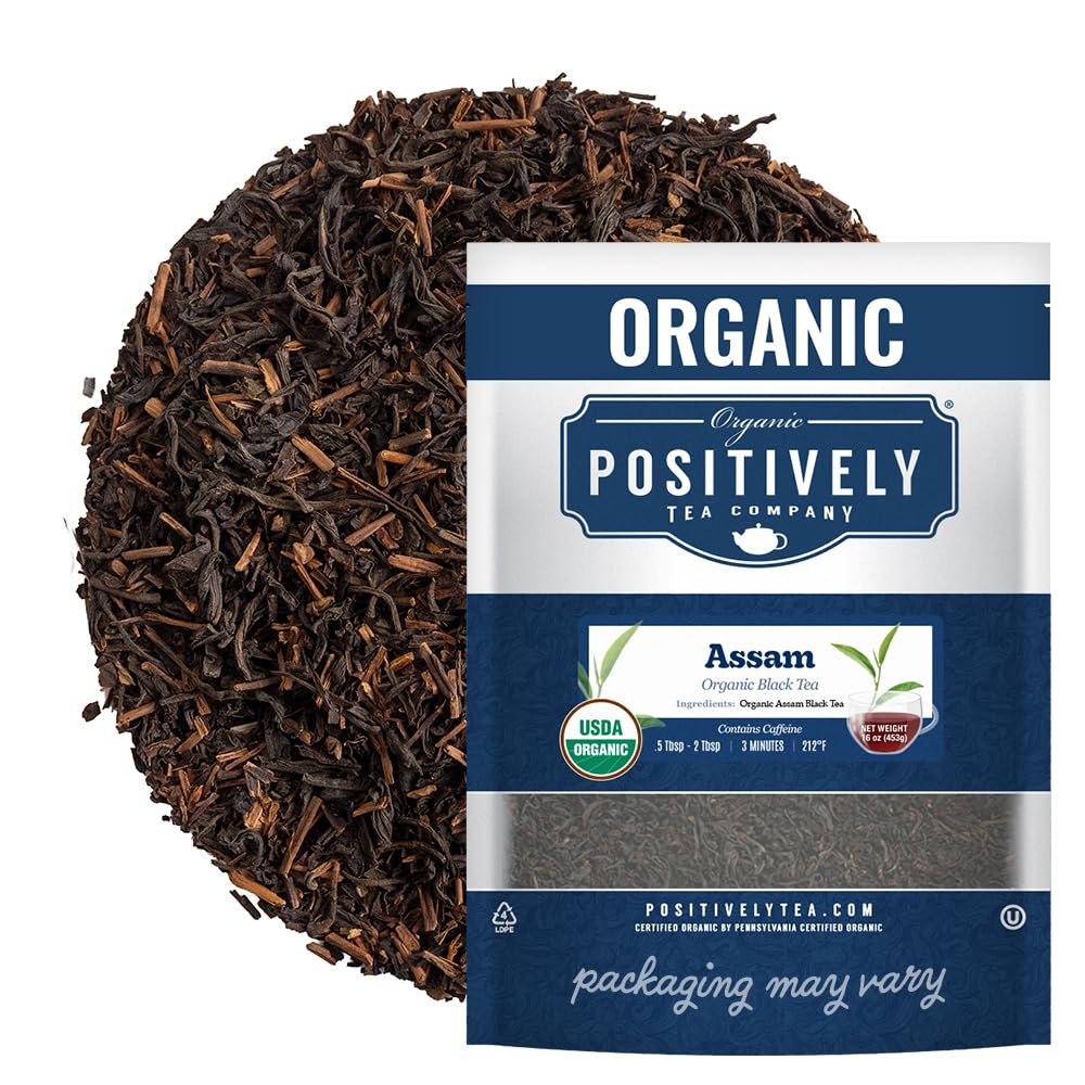 Organic Positively Tea Company Assam TGFOP black tea loose leaf for rich flavor.