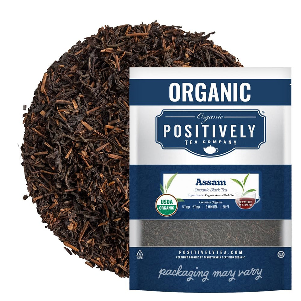Organic Positively Tea Company Assam TGFOP black tea loose leaf for rich flavor.