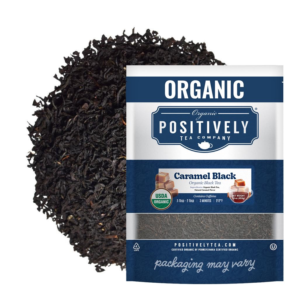 Organic Positively Tea Company caramel black tea loose leaf tin showcases rich aroma and versatile flavor.