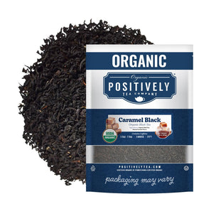 Organic Positively Tea Company caramel black tea loose leaf tin showcases rich aroma and versatile flavor.