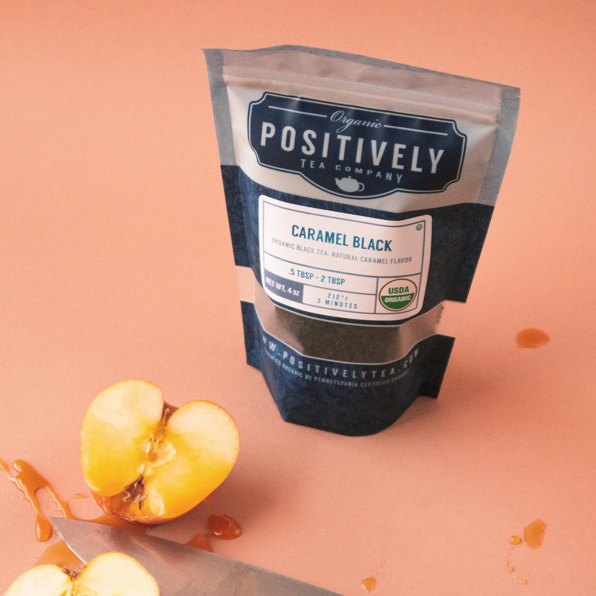 Organic Positively Tea Company packaging front shows USDA Organic certification and clean ingredients.