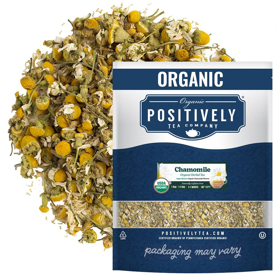Organic Positively Chamomile loose leaf tea in 16 oz package with soothing aroma.