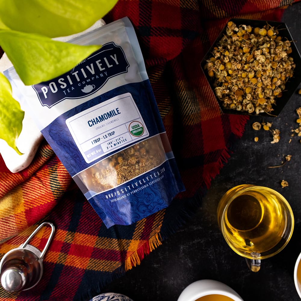 Organic Positively Chamomile packaging emphasizes organic natural ingredients.