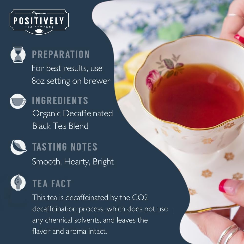 Box front showing Organic Positively Tea Company decaf English Breakfast pods, 24-pack.