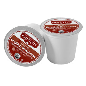 Organic Positively Tea Company decaf English Breakfast K-Cup pods for quick mornings.