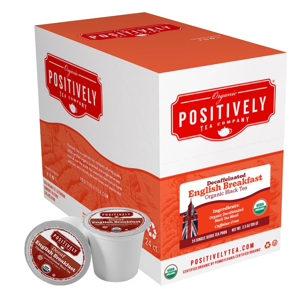 Decaf English Breakfast K-Cup pods by Organic Positively Tea Company, convenient daily brew.