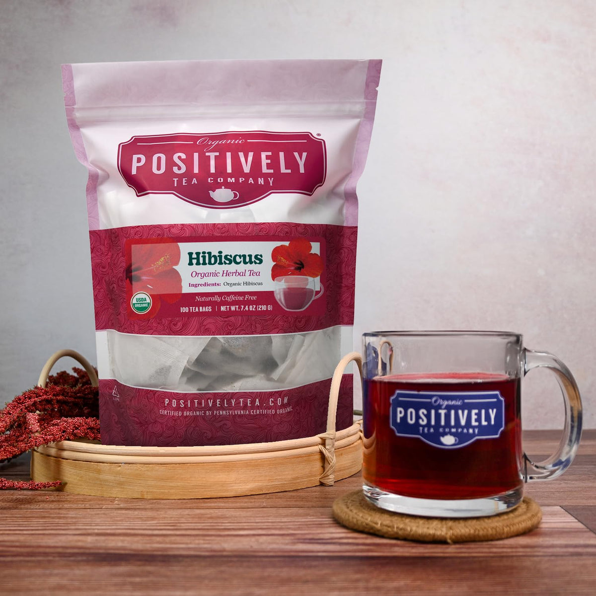 Sustainable design of Organic Positively Tea Company eco friendly tea bags.