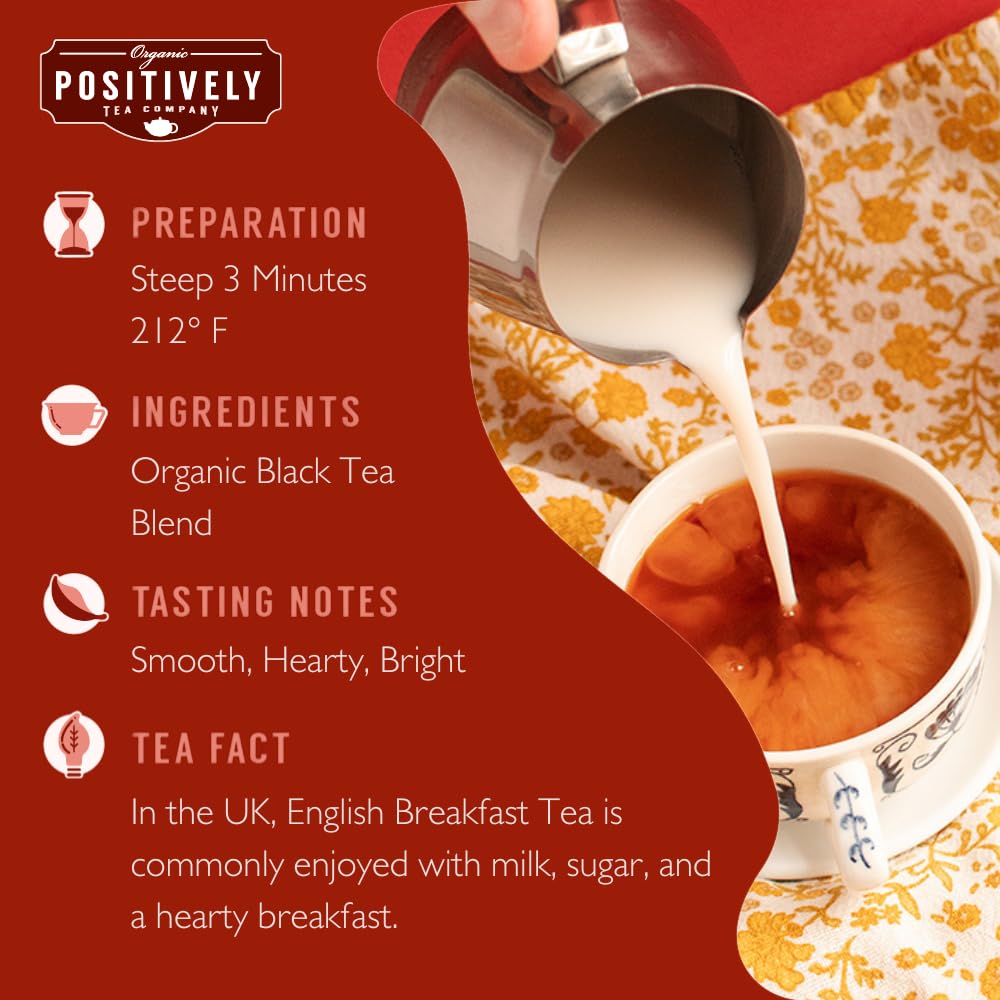 Organic Positively Tea Company English Breakfast brew reveals a deep red-gold infusion.