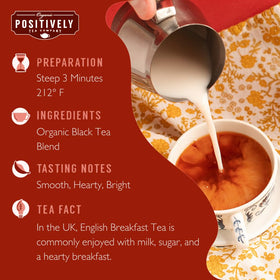 Organic Positively Tea Company English Breakfast brew reveals a deep red-gold infusion.