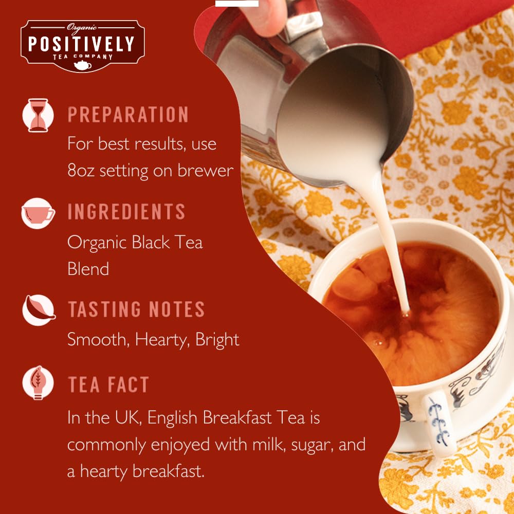 Organic Positively Tea Company English Breakfast cup closeup with hearty aroma.
