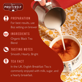 Organic Positively Tea Company English Breakfast cup closeup with hearty aroma.