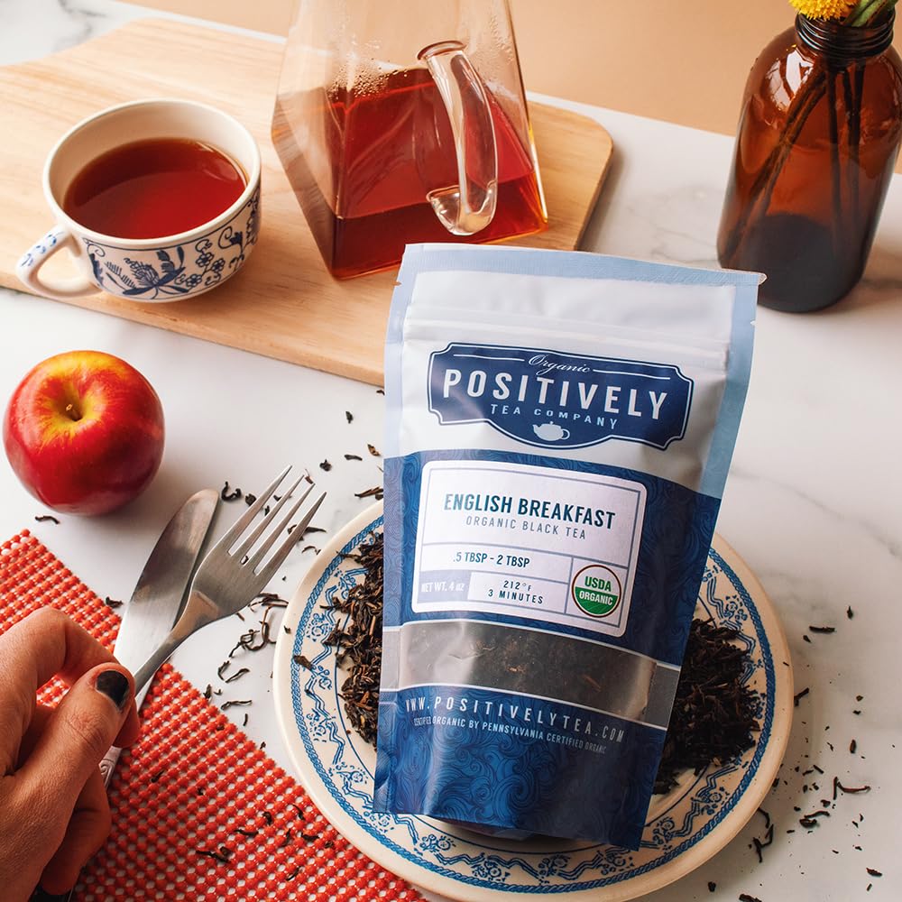 The pot of Organic Positively Tea Company English Breakfast during a relaxed breakfast moment.