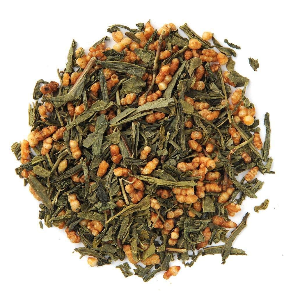Organic Positively Tea Company Genmaicha leaves closeup, vibrant green hues and toasty notes.
