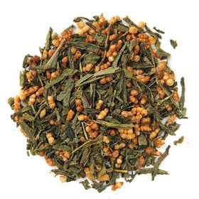 Organic Positively Tea Company Genmaicha leaves closeup, vibrant green hues and toasty notes.