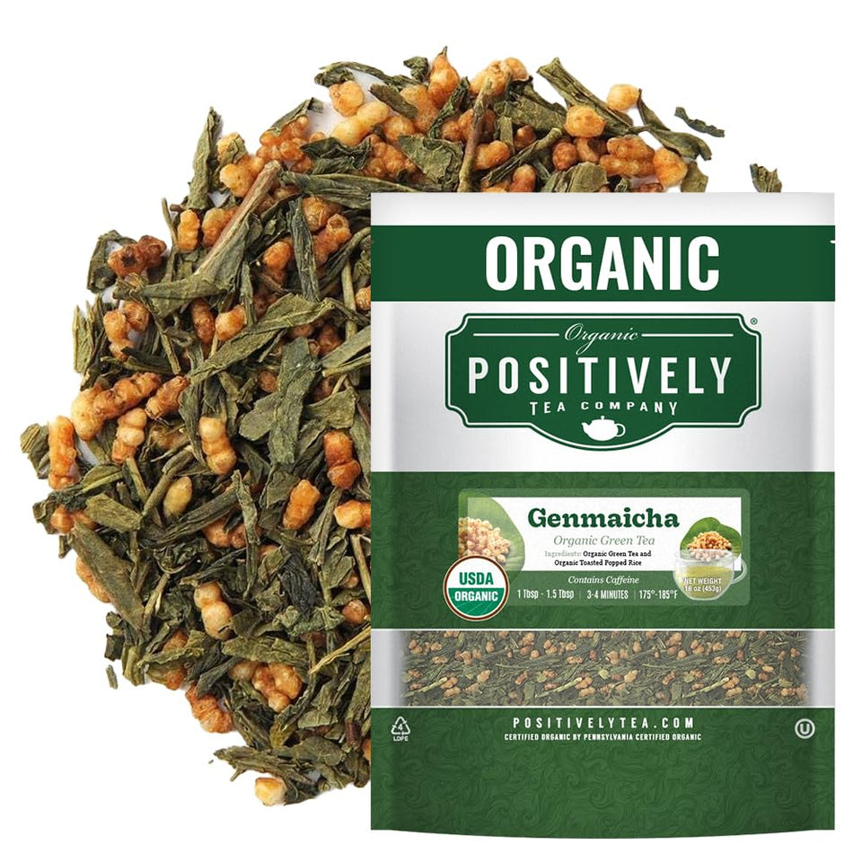 Organic Positively Tea Company Genmaicha loose-leaf tea in a bright pouch, ideal everyday ritual.