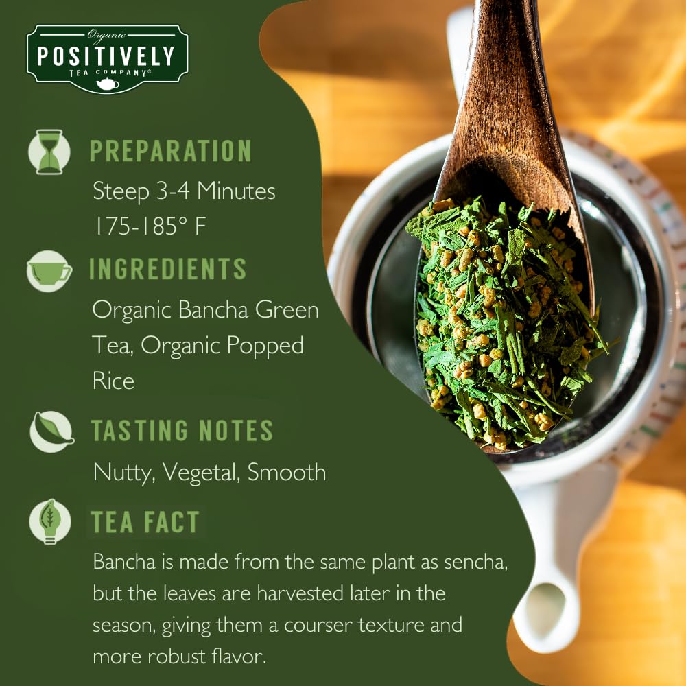 Organic Positively Tea Company Genmaicha roasted rice blend, delivering a warm, nutty aroma.