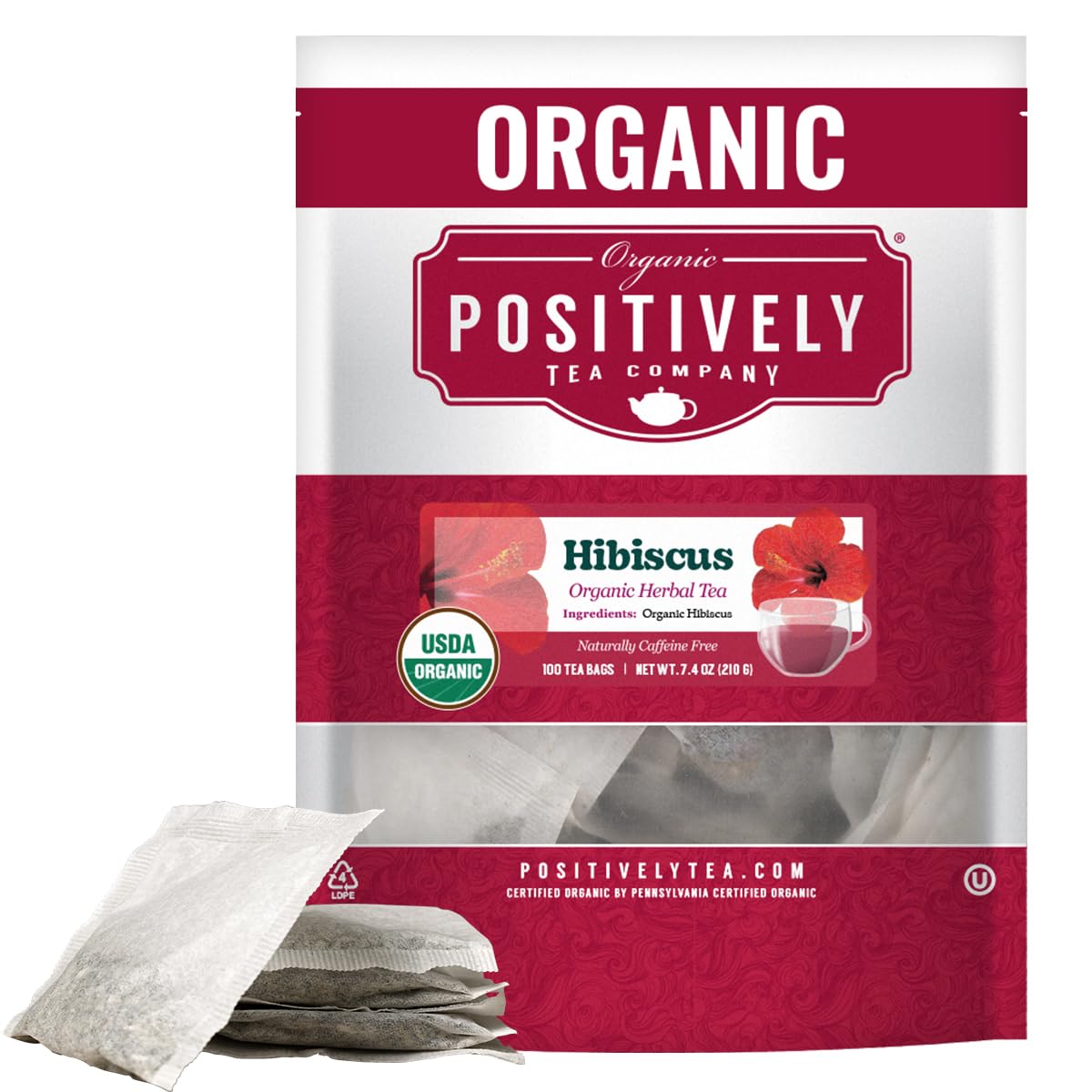 Organic Positively Tea Company hibiscus tea bags for a bright caffeine-free herbal experience.