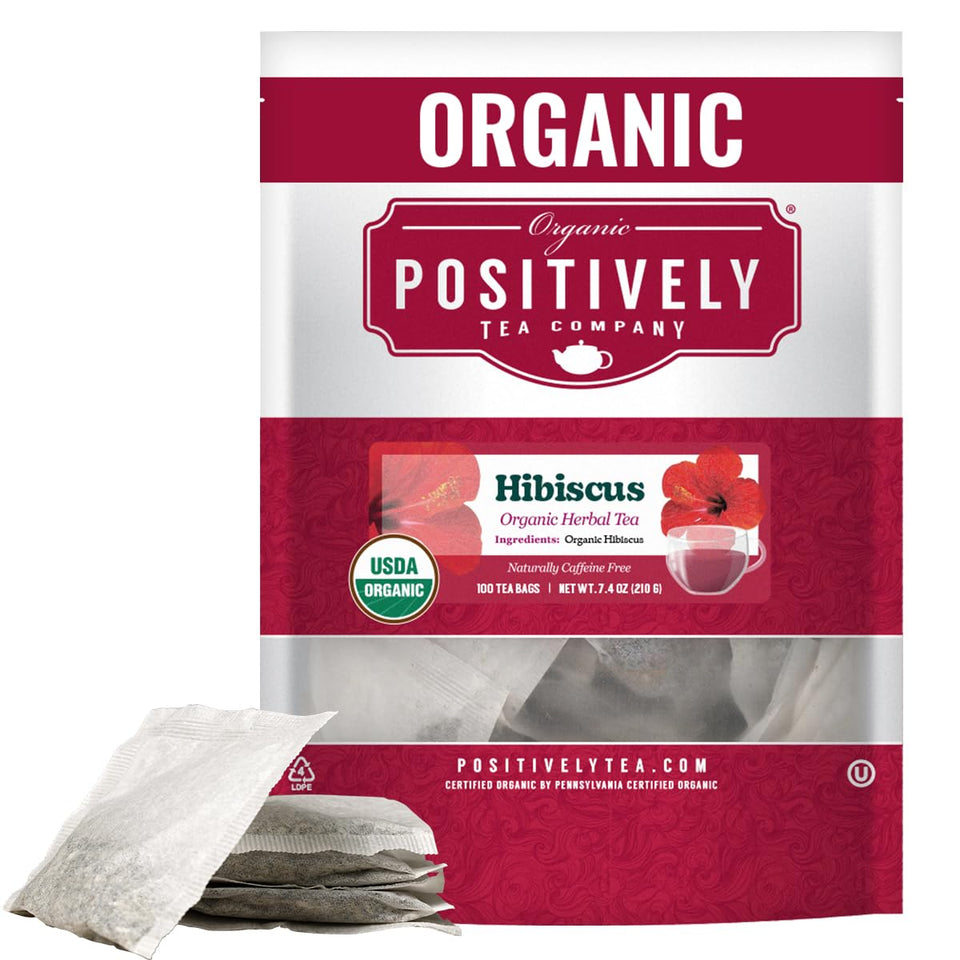 Organic Positively Tea Company hibiscus tea bags for a bright caffeine-free herbal experience.