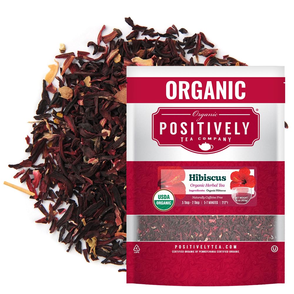 Organic Positively Tea Company hibiscus tea loose leaf for hot or iced beverages.
