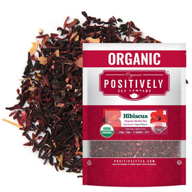 Organic Positively Tea Company hibiscus tea loose leaf for hot or iced beverages.