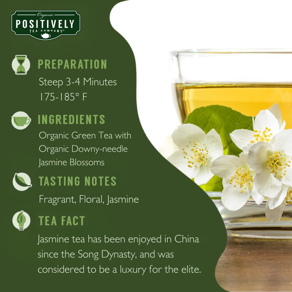 Organic Positively Tea Company Jasmine Green Tea dry leaves closeup, vibrant aroma