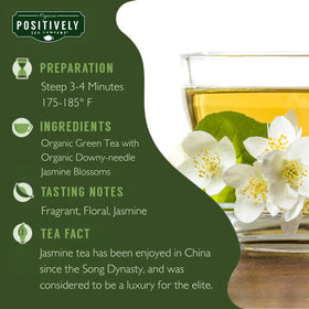 Organic Positively Tea Company Jasmine Green Tea dry leaves closeup, vibrant aroma