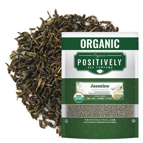 Organic Positively Tea Company Jasmine Green Tea loose leaves in pack shot, fragrant daily ritual