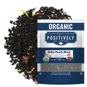 Juicy Peach Black Tea pack closeup with organic ingredients by Organic Positively Tea Company.