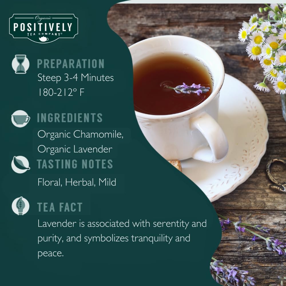 Lavender chamomile tea cup steaming by Organic Positively Tea Company