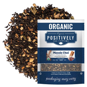 Organic Positively Tea Company Masala Chai loose leaf tea in jar showcasing natural ingredients