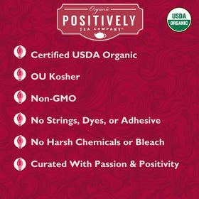 Packaging of Organic Positively Tea Company hibiscus tea emphasizing eco friendly tea bags.