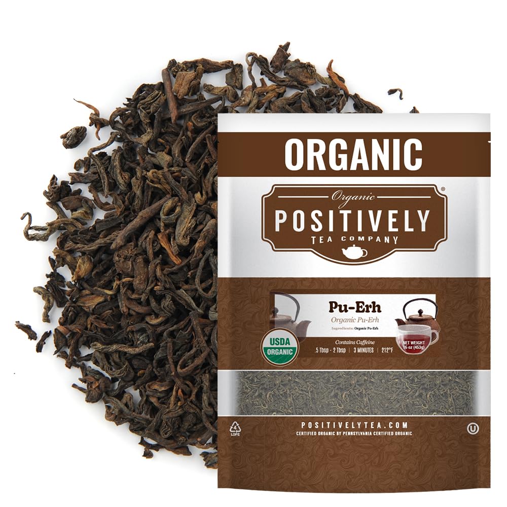 Organic Positively Pu-Erh loose leaf in cup delivers bold earthy flavor