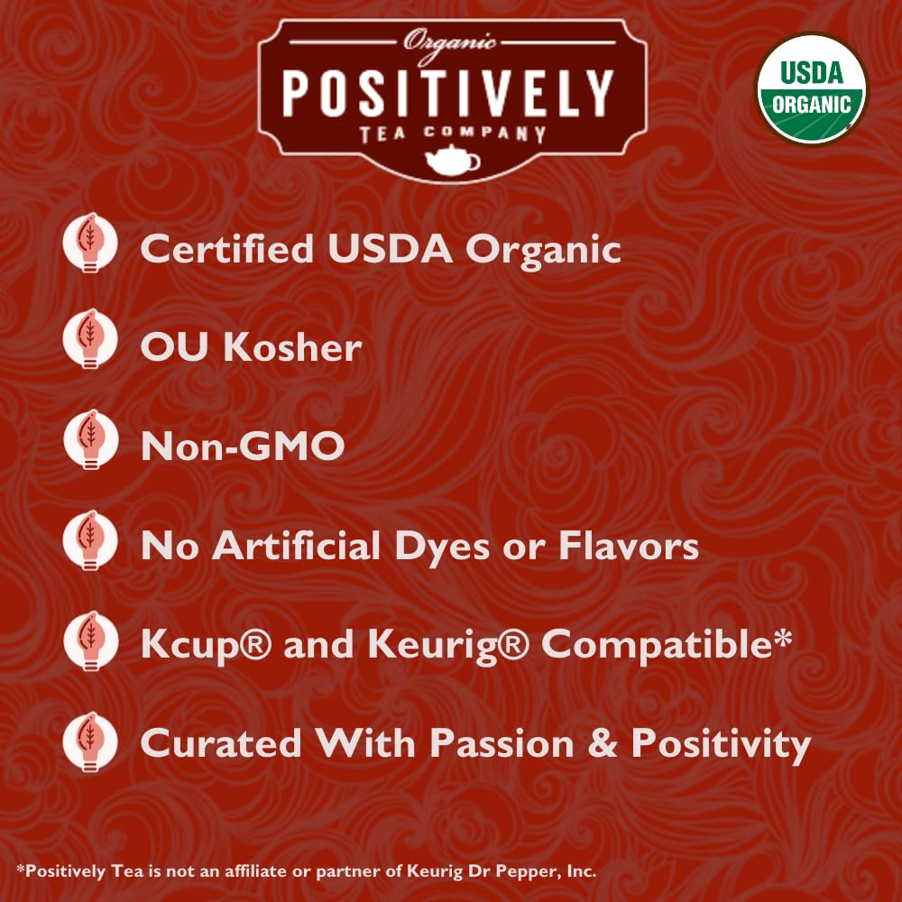 Organic Positively Tea Company recyclable pods in eco-friendly packaging.