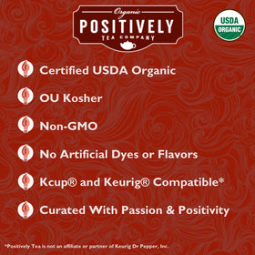 Organic Positively Tea Company recyclable pods in eco-friendly packaging.