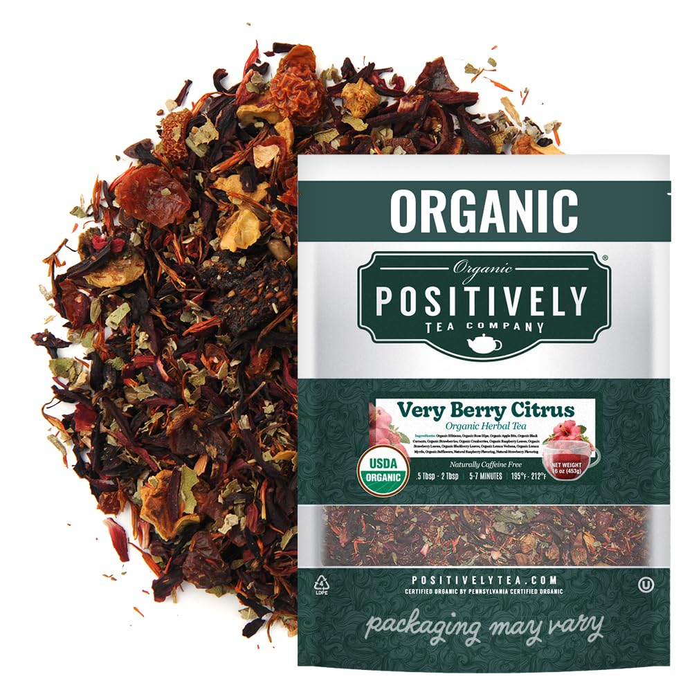 Organic Positively Tea Company's Very Berry Citrus loose-leaf tea in a resealable pouch, ideal for morning energizing rituals.