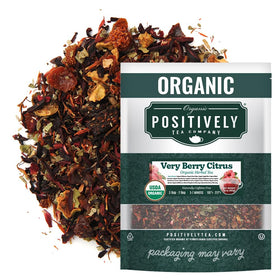Organic Positively Tea Company's Very Berry Citrus loose-leaf tea in a resealable pouch, ideal for morning energizing rituals.