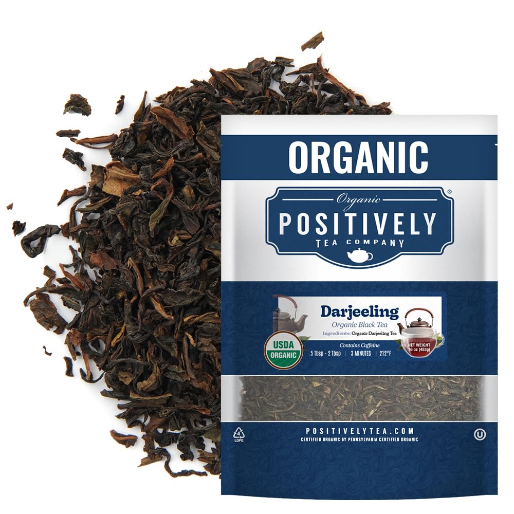 Organic Positively Tea Company Darjeeling black tea loose leaf close-up showing crisp aroma