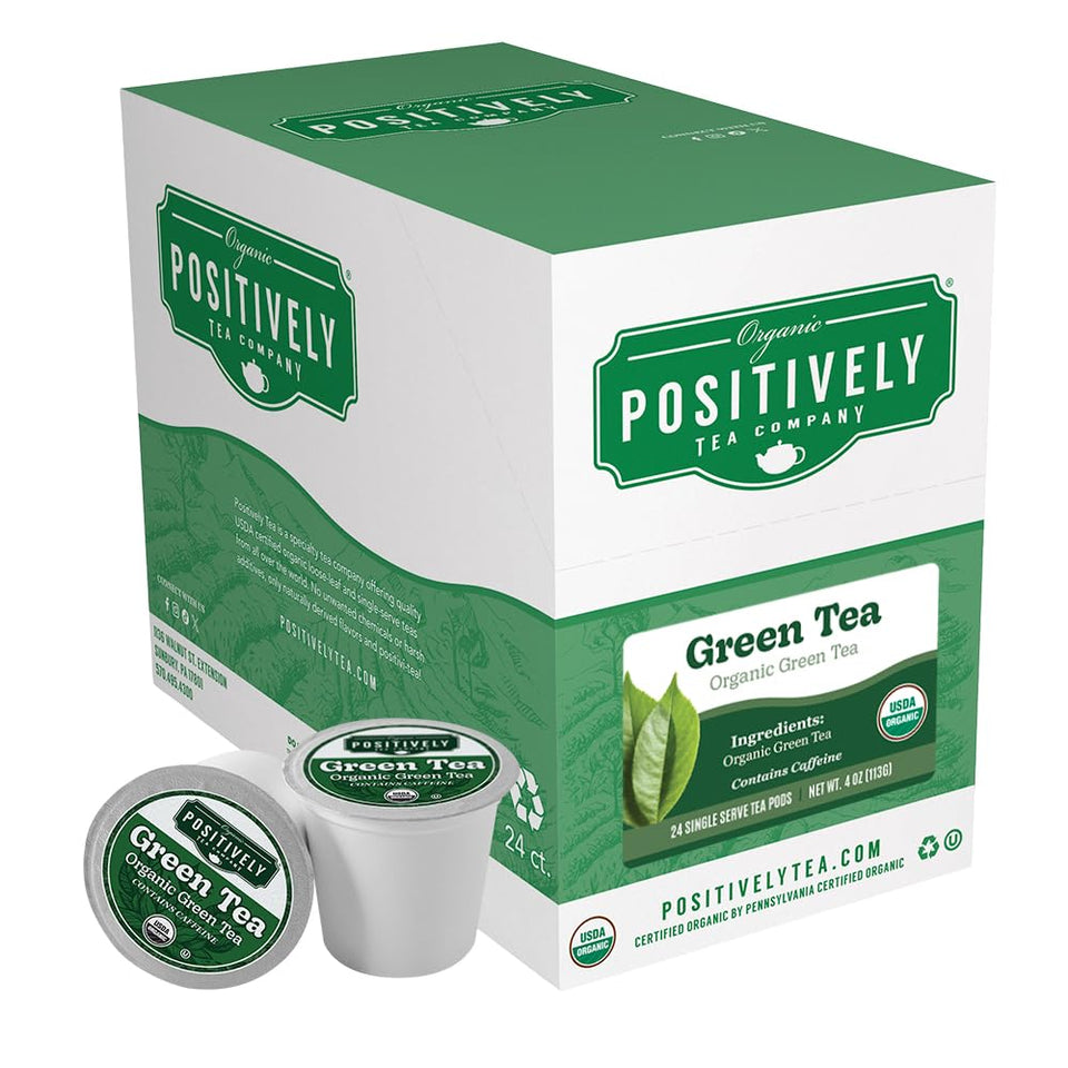 Organic Positively Tea Company green tea K-Cup pod with bold roasted notes for a quick morning brew