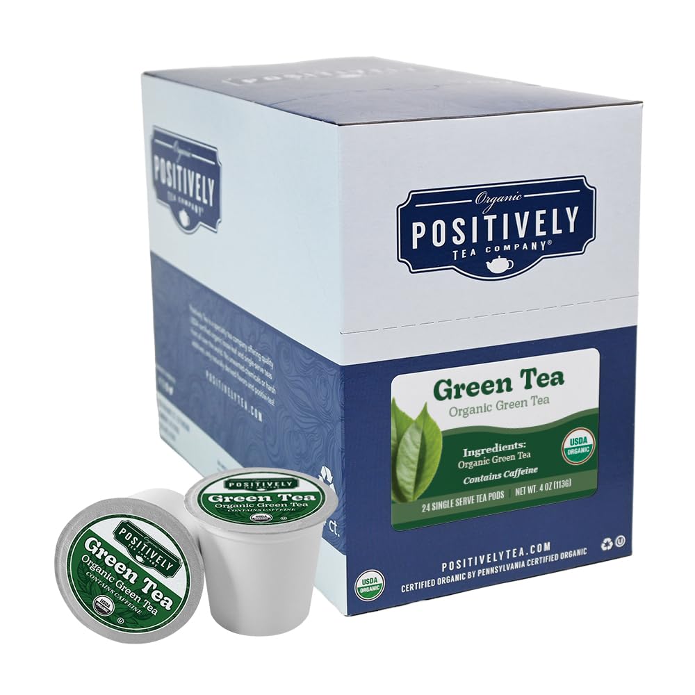 Organic Positively Tea Company green tea pods packaging emphasizing recyclable design