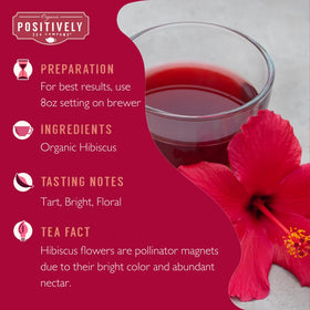 Organic Positively Tea hibiscus brew in a cup, hot and tartly refreshing