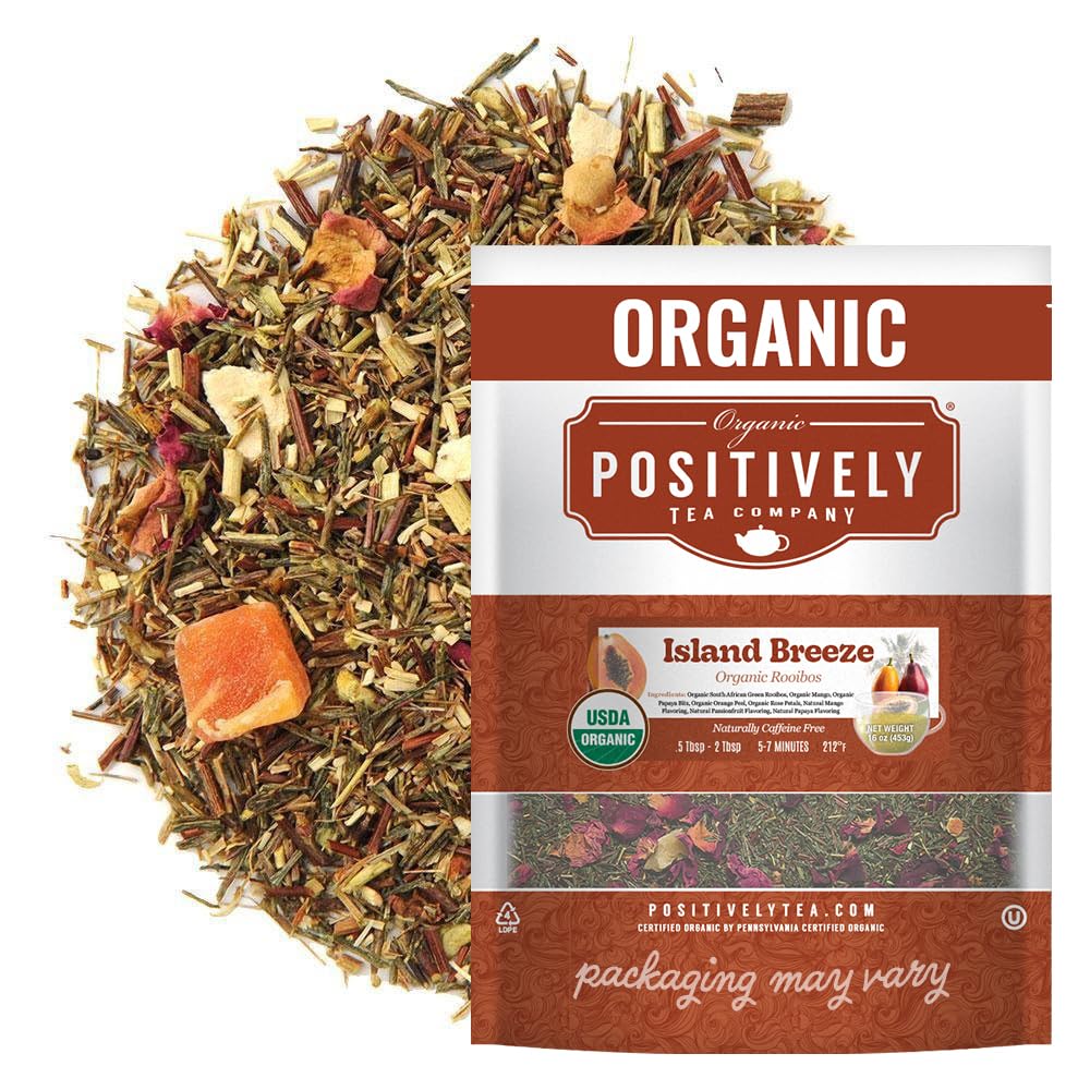 Organic Positively Tea Island Breeze Rooibos loose leaf with mango and papaya, caffeine-free blend.