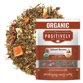 Organic Positively Tea Island Breeze Rooibos loose leaf with mango and papaya, caffeine-free blend.