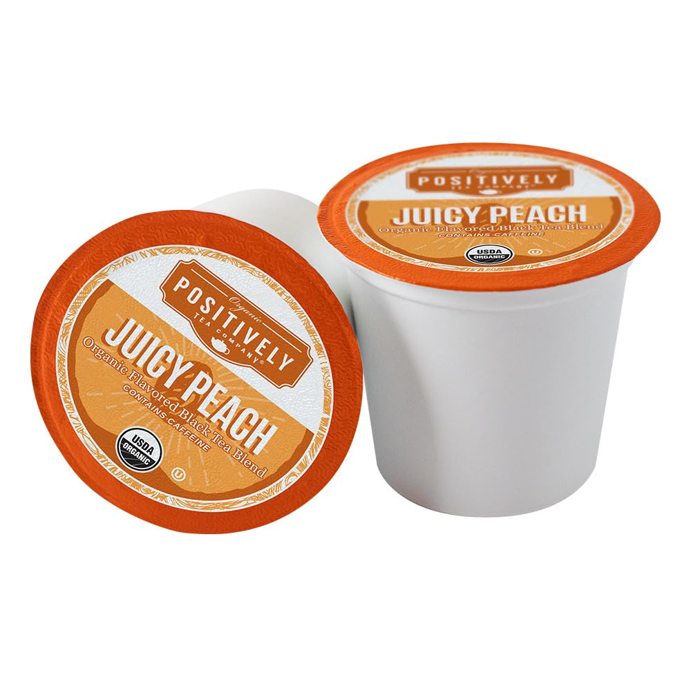 Organic Positively Tea Juicy Peach black tea pods for easy, flavorful brews.